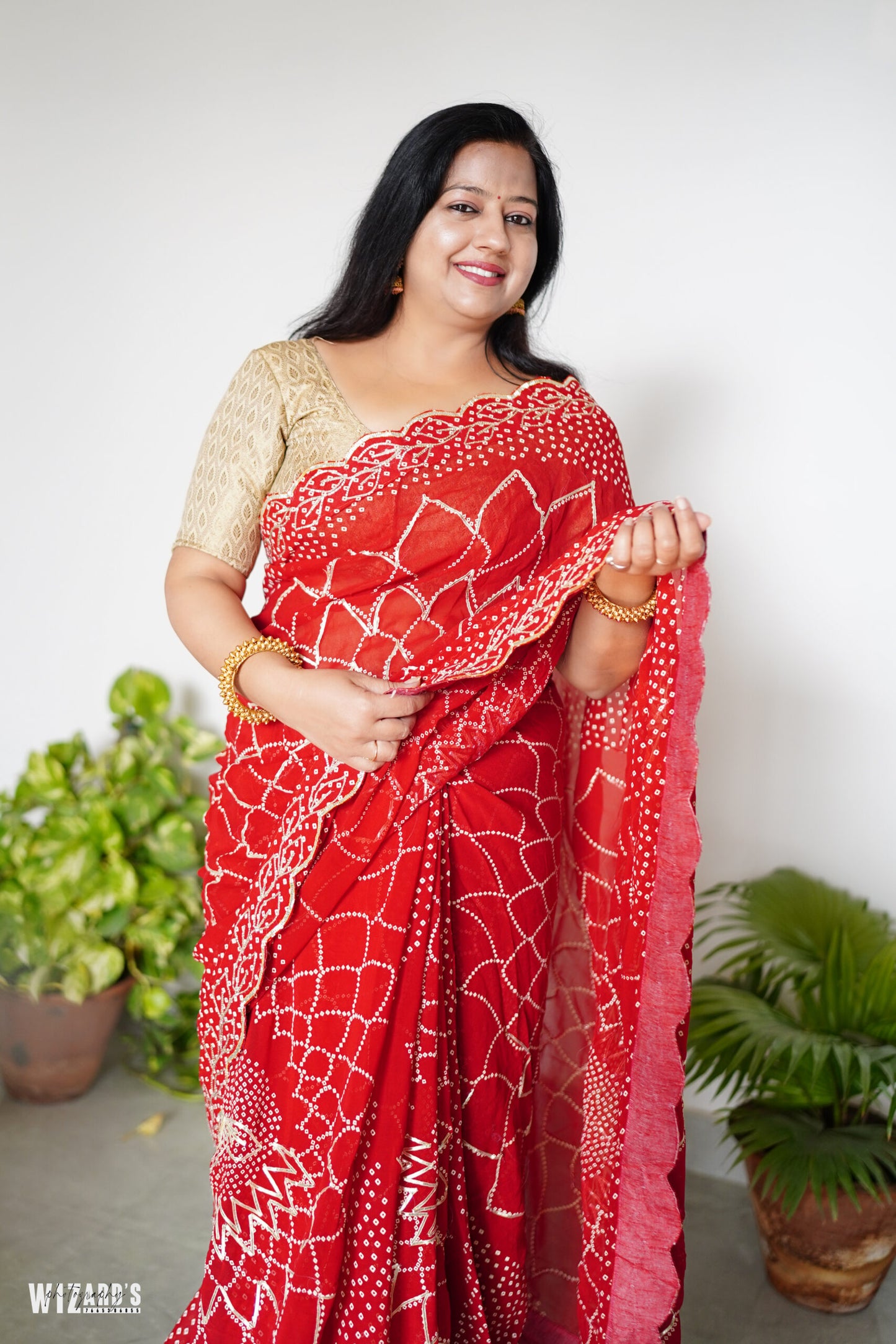 Cherry Red Gota Patti Bandhani Georgette Saree