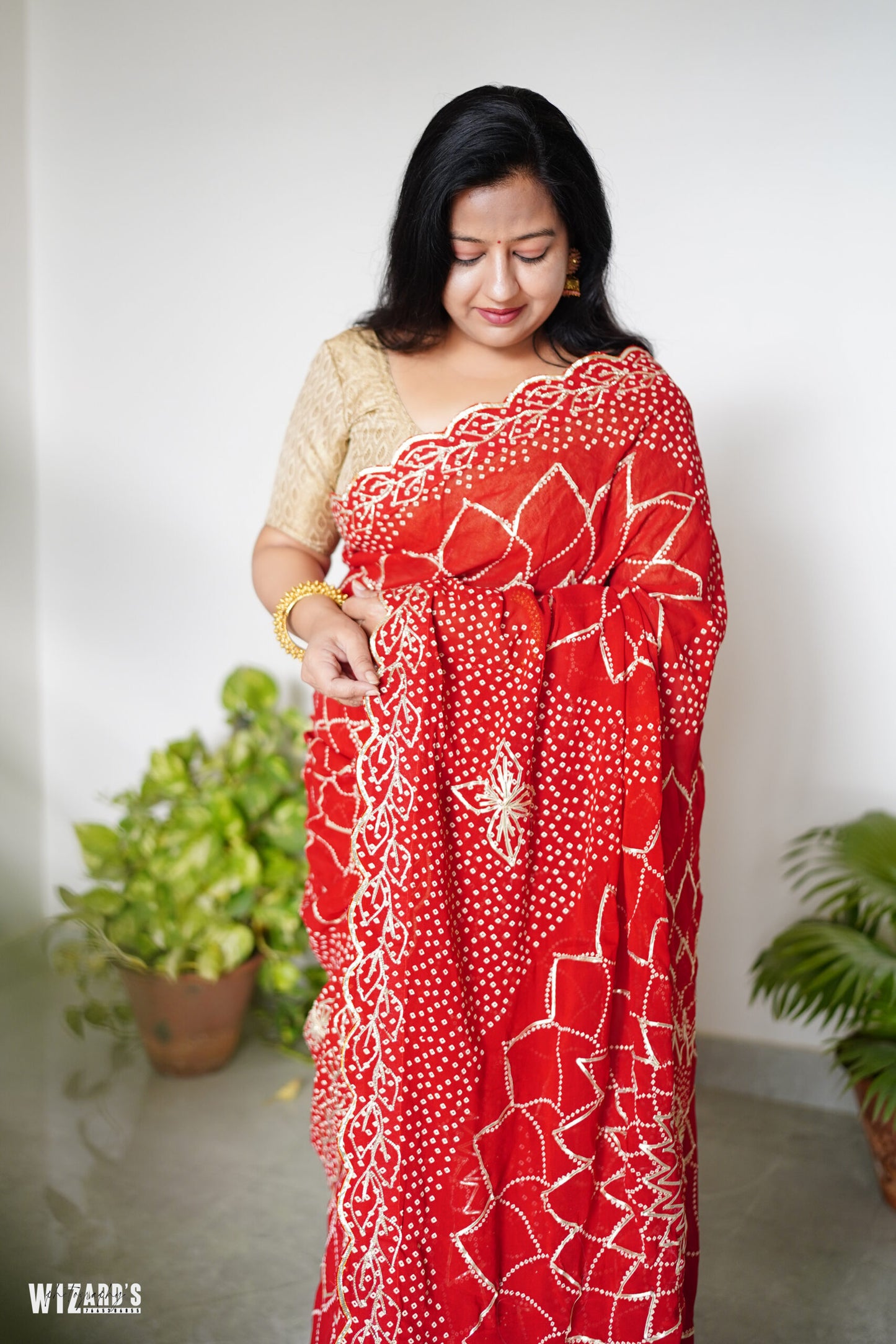 Cherry Red Gota Patti Bandhani Georgette Saree