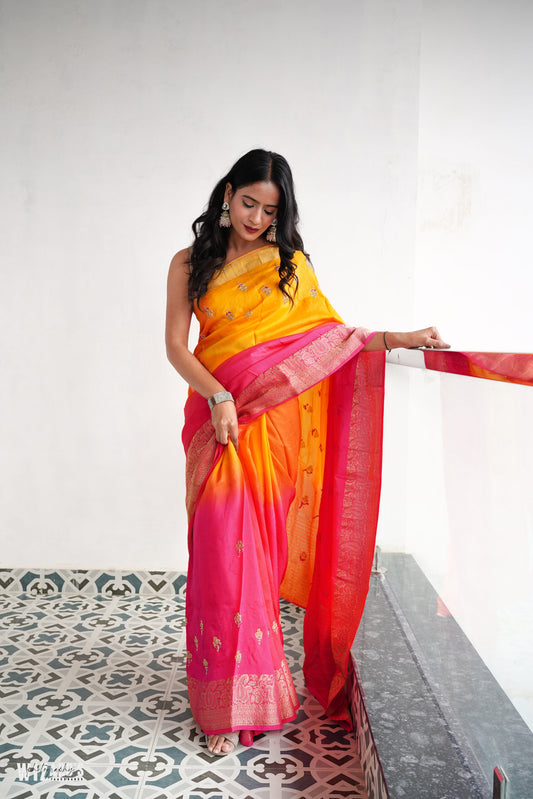 Yellow and Pink Dola Silk Saree