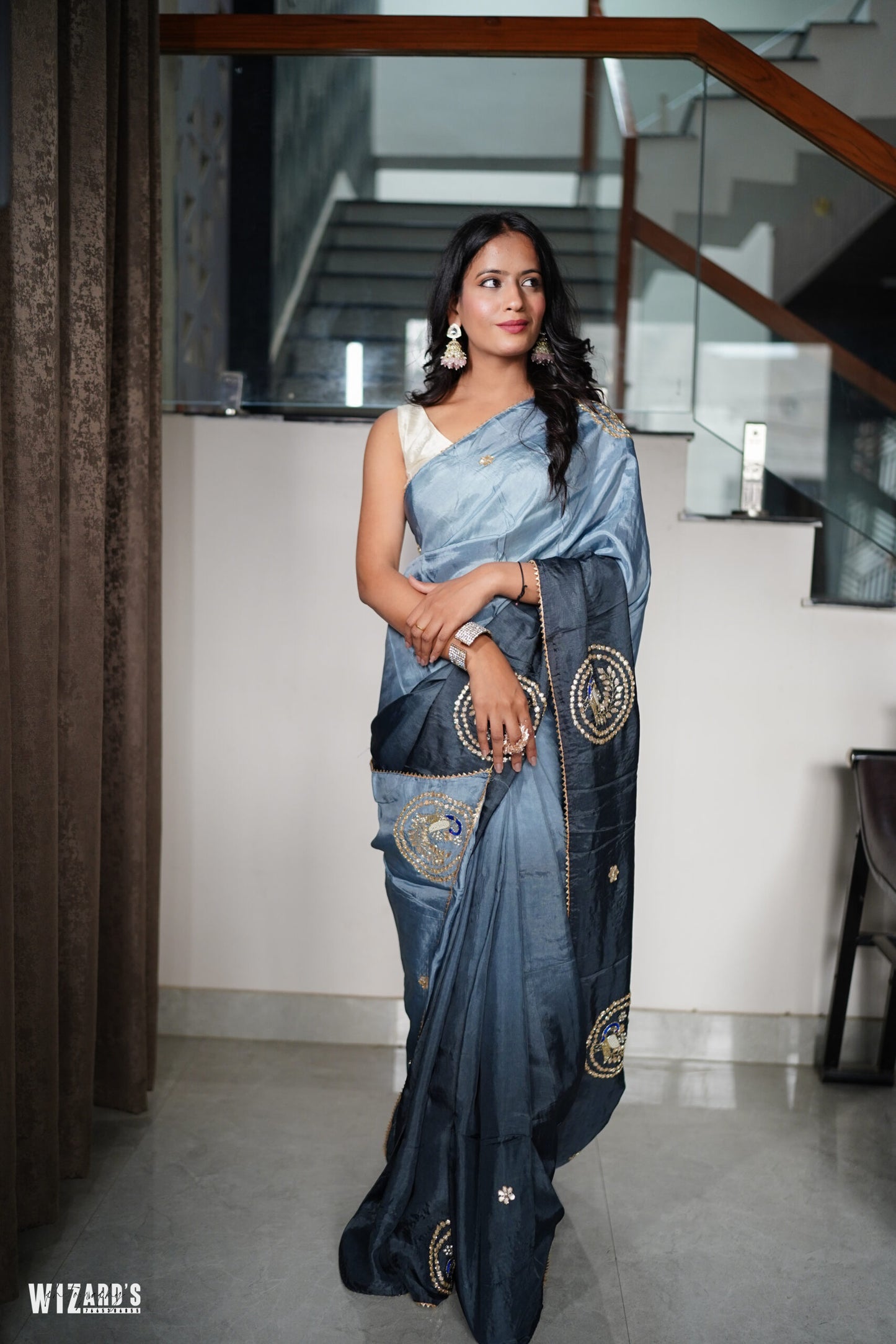 Grey Dola Silk Saree With Tube work and Gotta Patti Border