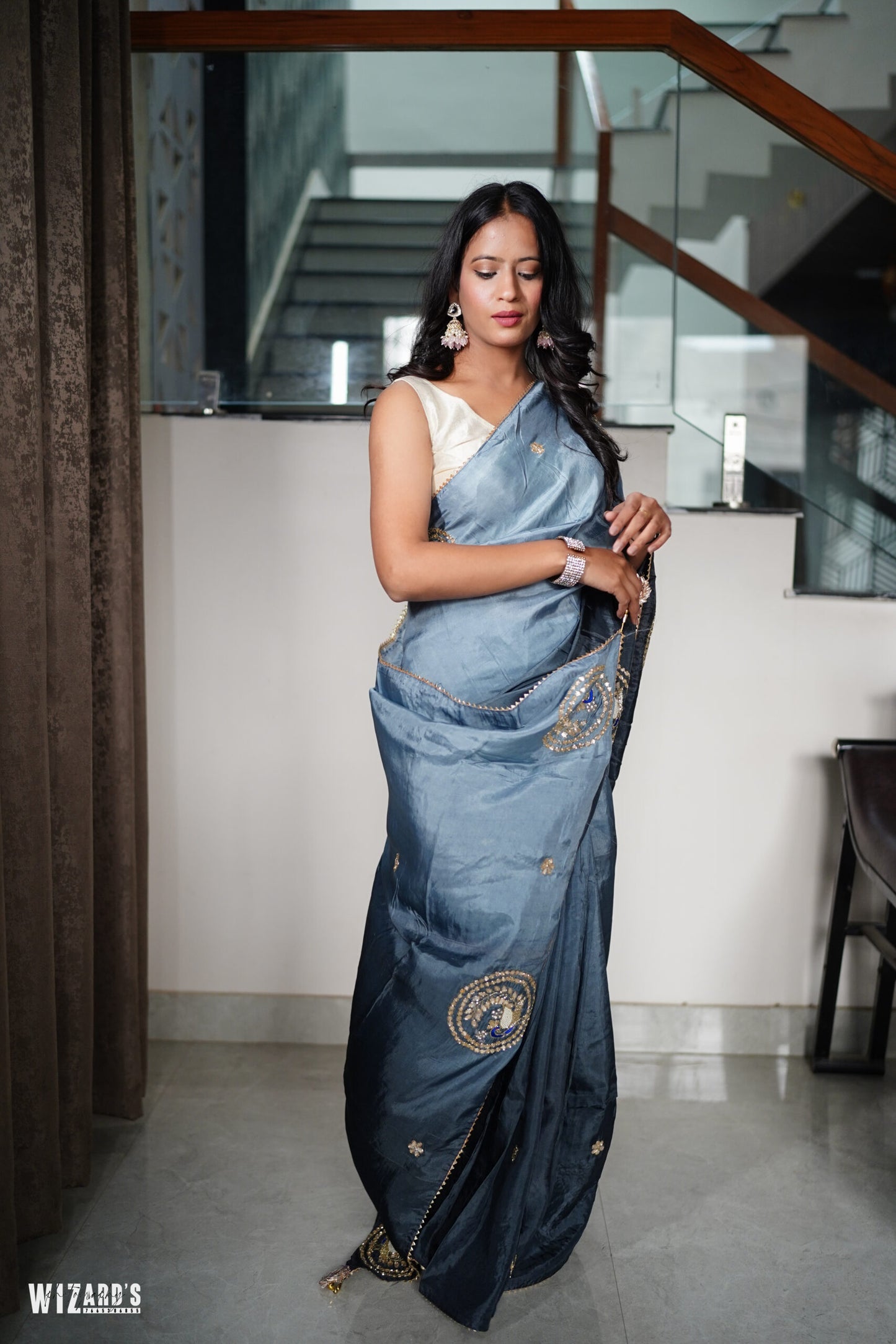 Grey Dola Silk Saree With Tube work and Gotta Patti Border