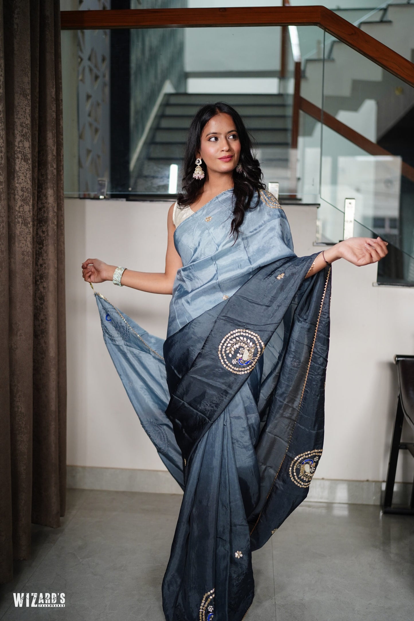 Grey Dola Silk Saree With Tube work and Gotta Patti Border