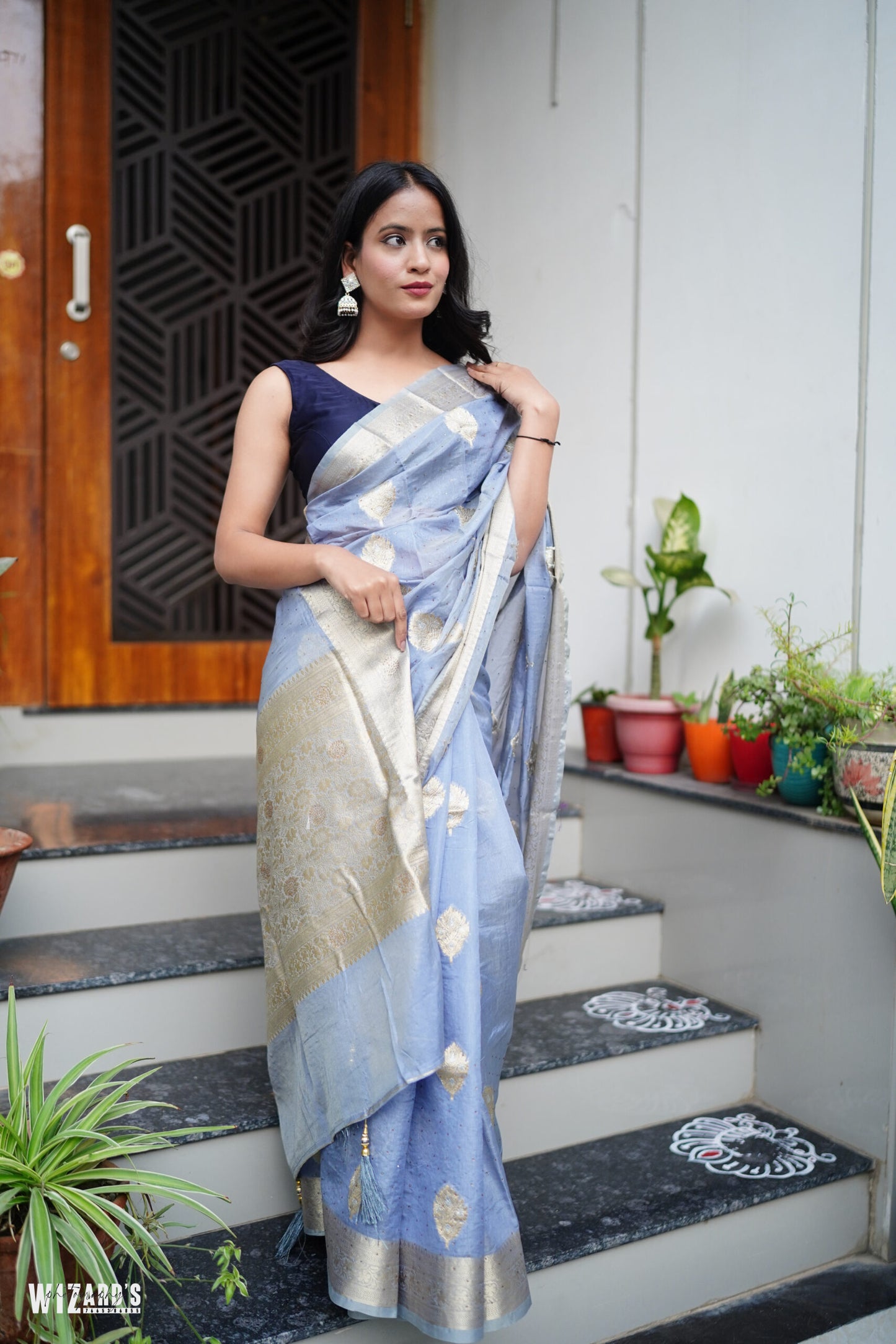 Greyish Blue Organza Saree With Zari and Stone Work