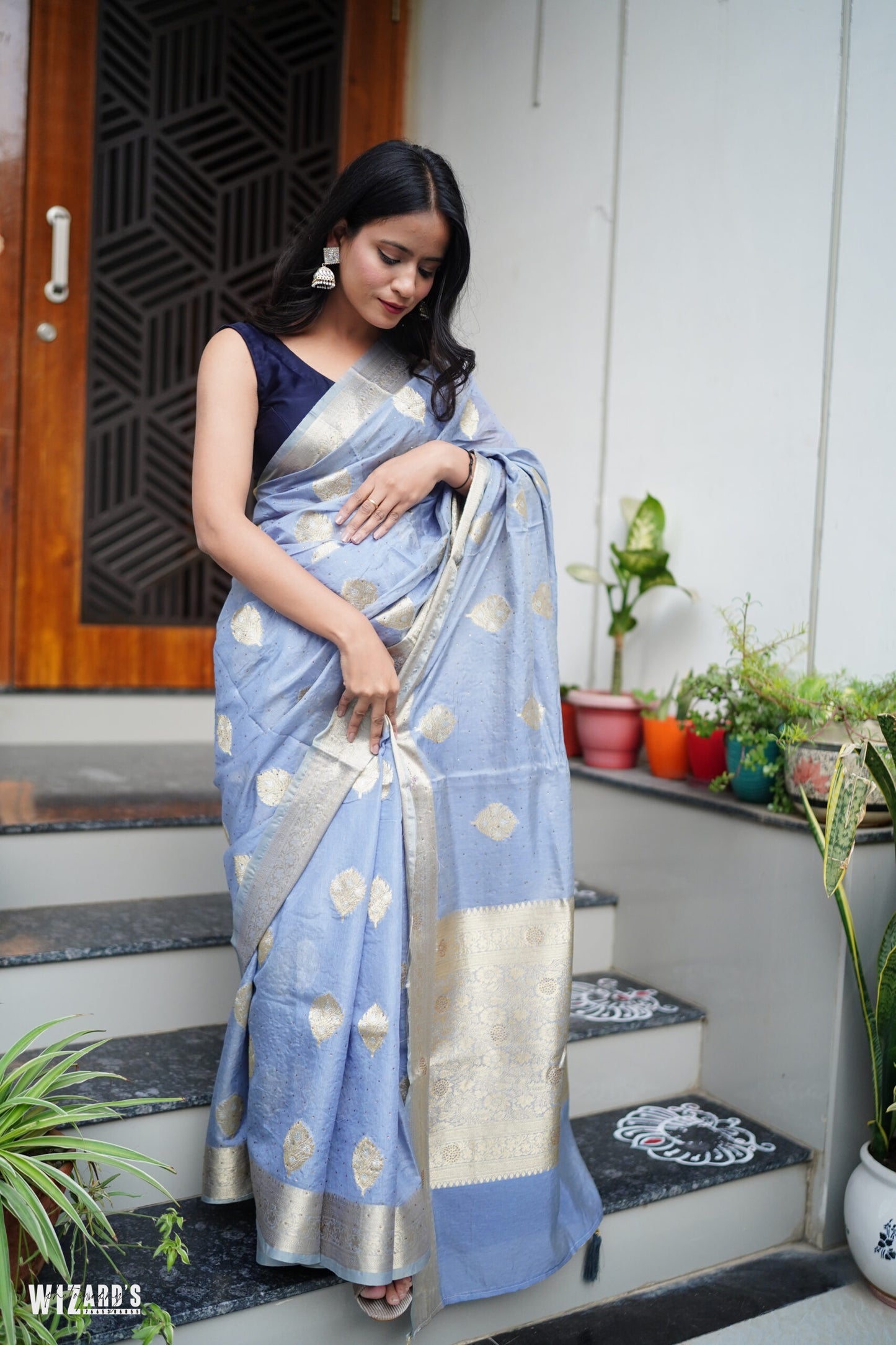 Greyish Blue Organza Saree With Zari and Stone Work