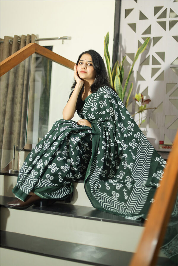 Bagru Print Green Mulmul Cotton Saree