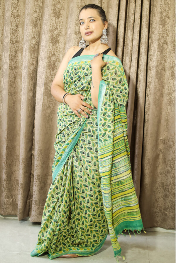 Green Cotton Linen Saree