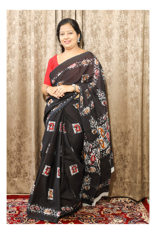 Batik Print Black Mulmul Cotton Saree