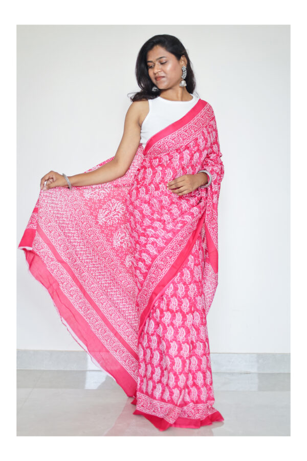 Bagru Print Pink Mulmul Cotton Saree