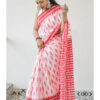 Red and White Mulmul Cotton Saree