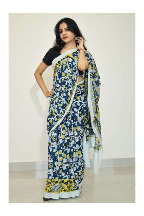 Bagru Print Teal Blue Mulmul Cotton Saree