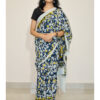 Bagru Print Teal Blue Mulmul Cotton Saree