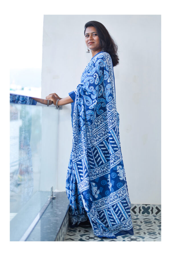 Blue Mulmul Cotton Saree