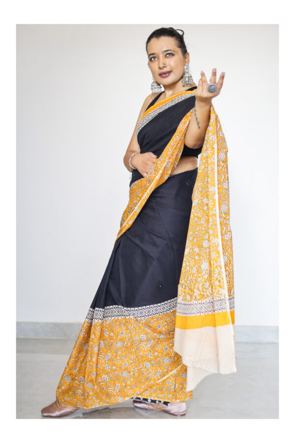 Yellow and Black Mulmul Cotton Saree