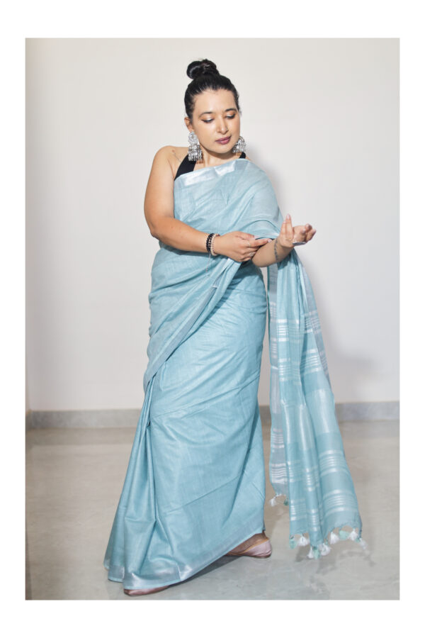 Plain Blue Cotton Linen Saree