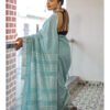 Plain Blue Cotton Linen Saree