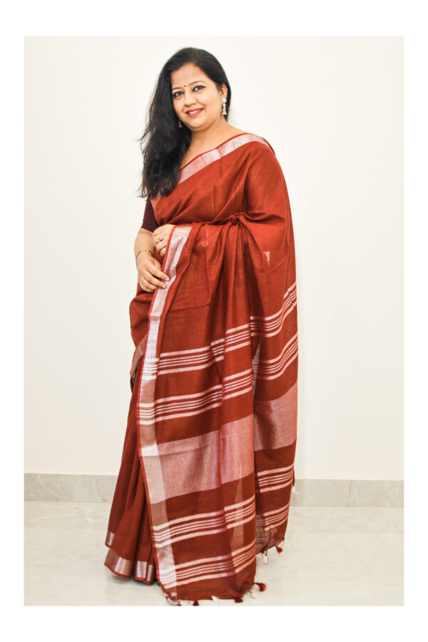 Plain Brick Red Cotton Linen Saree