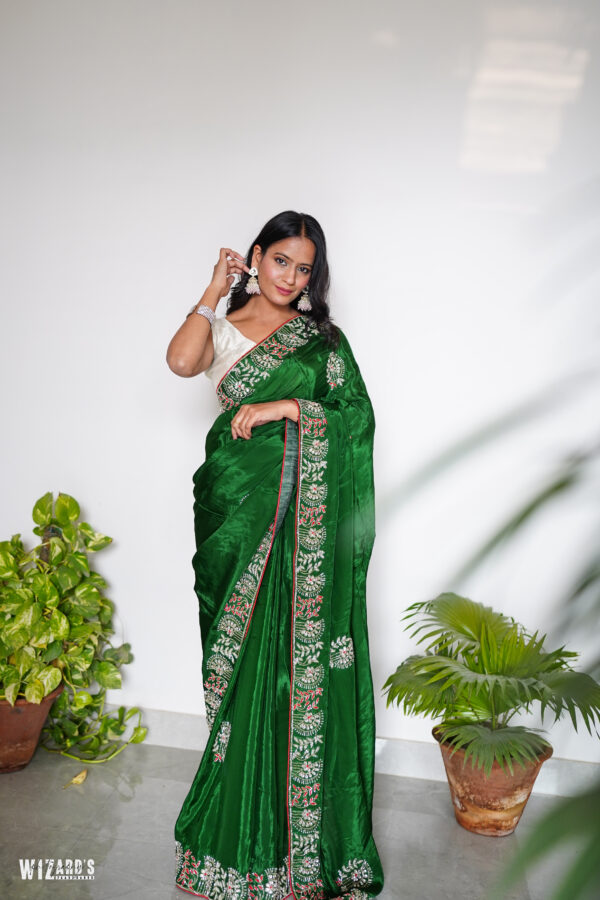 Green Satin Silk Saree With Tube Work