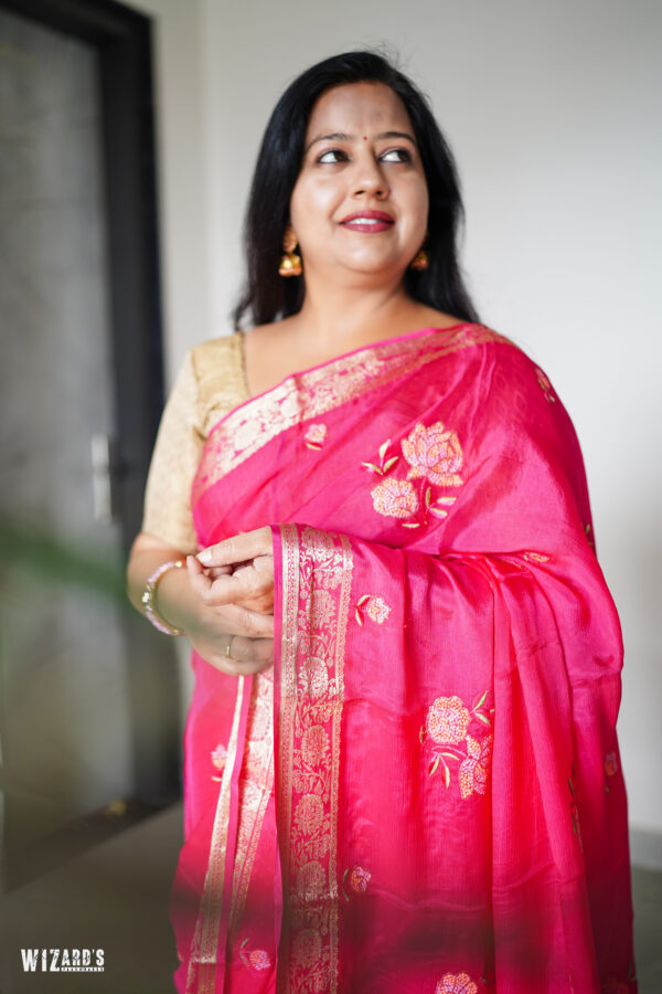 Pink Cinnon Saree With Embroidery and Zari Border