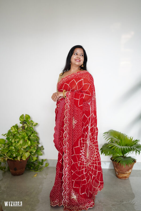 Cherry Red Gota Patti Bandhani Georgette Saree