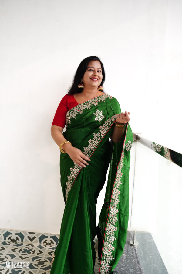 Dark Green Satin Silk Gotta Patti Saree