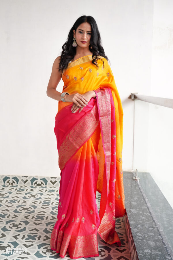 Yellow and Pink Dola Silk Saree