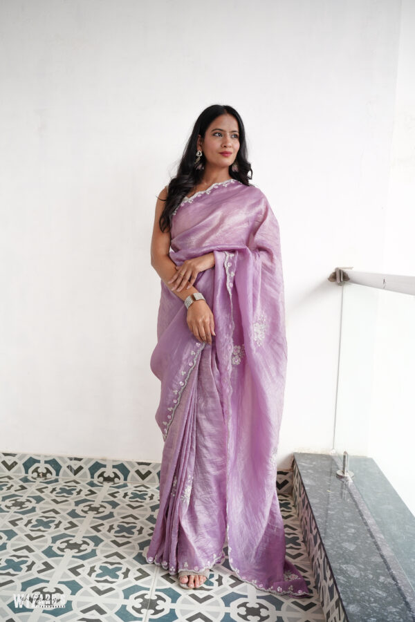 Lavender Tissue Saree With Tube and Pearl Work