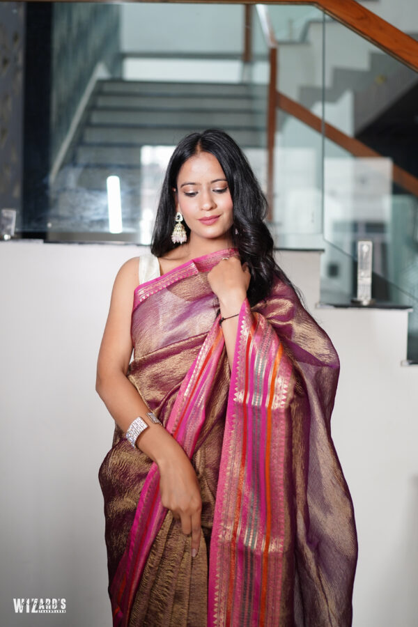 Shimmery Brown Crush Silk Saree With Zari Border