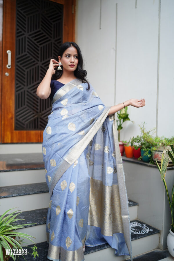 Greyish Blue Organza Saree With Zari and Stone Work