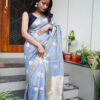 Greyish Blue Organza Saree With Zari and Stone Work