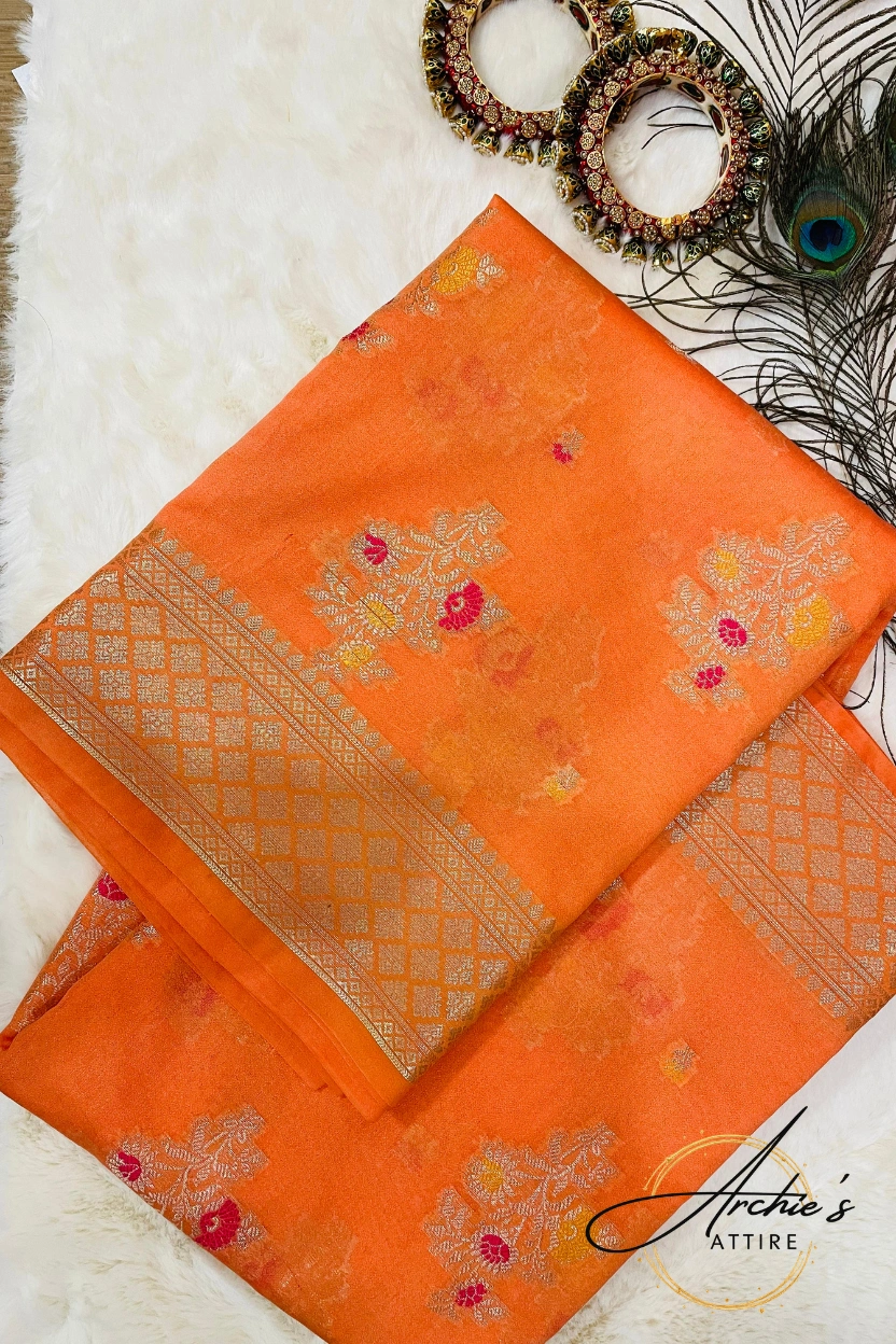 Warm Orange Silk Cotton Zari Saree - Image 3