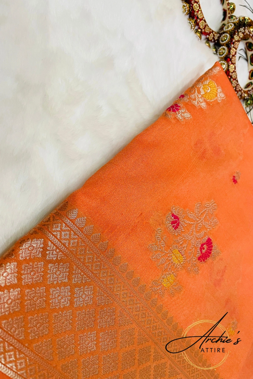 Warm Orange Silk Cotton Zari Saree - Image 4