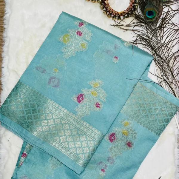 Light Blue Silk Cotton Zari Saree